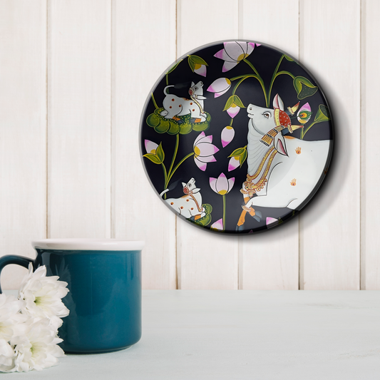 floral cow painted plate