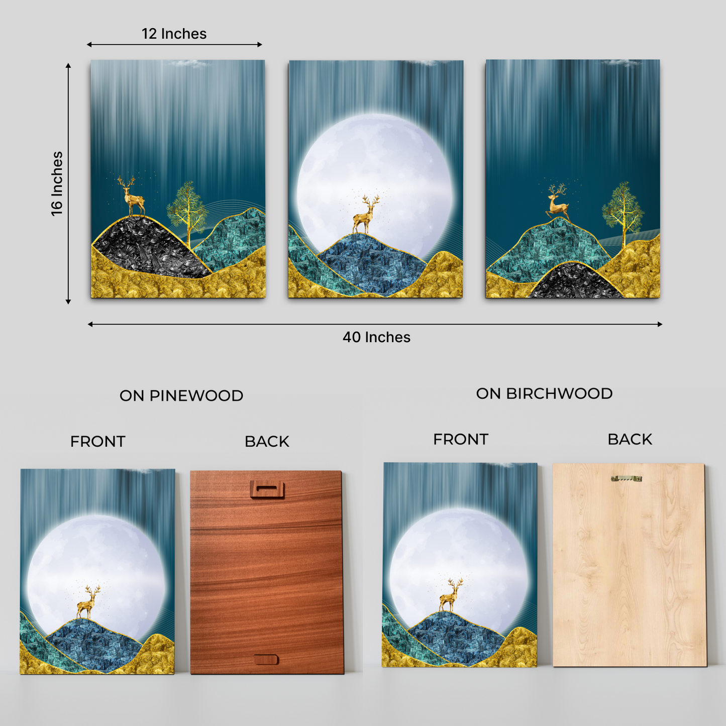Good Luck Deer Golden Wood Print Wall Art Set of 3