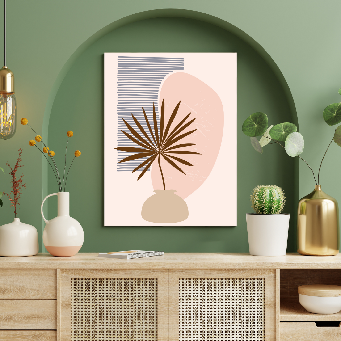 Line and Plant Boho Beige Wood Print Wall Art