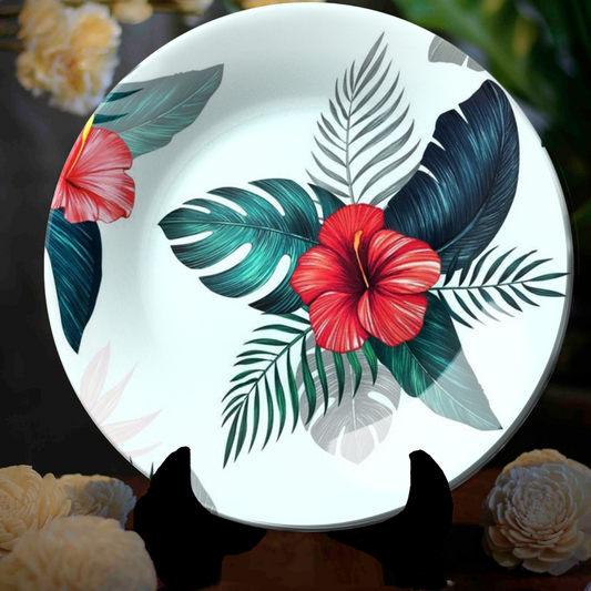 Tropical Leaf and Flower Ceramic Wall Plate Home Décor