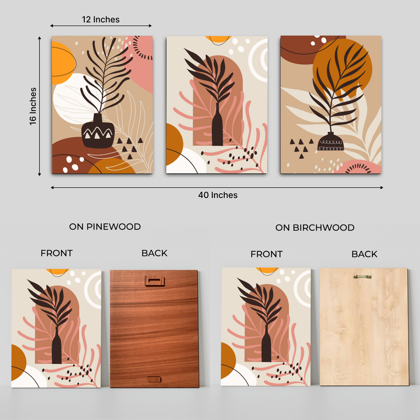 Leaf Botanical Boho Wood Print Wall Art Set of 3