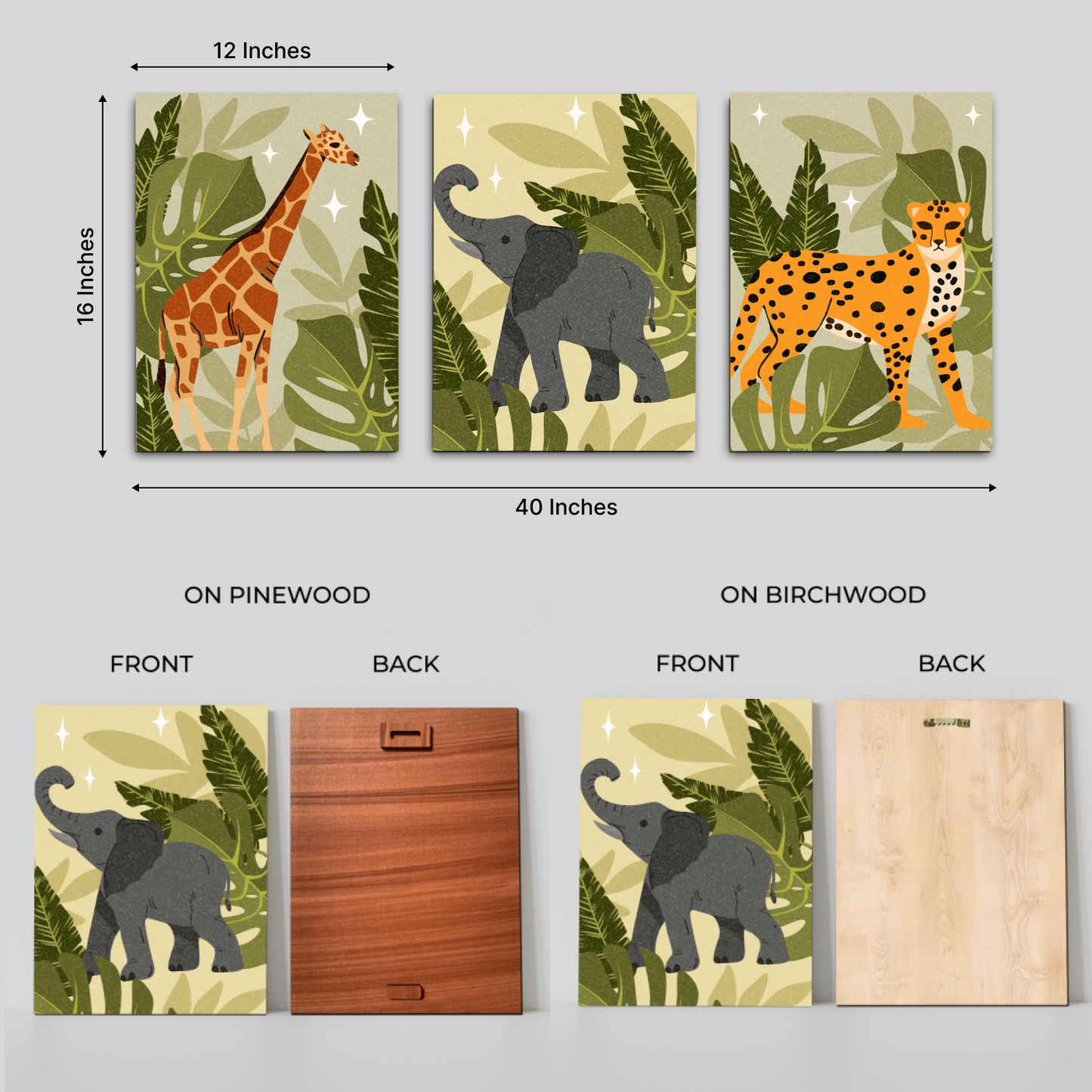 Animal Theme Boho Wood Print Wall Art Set of 3