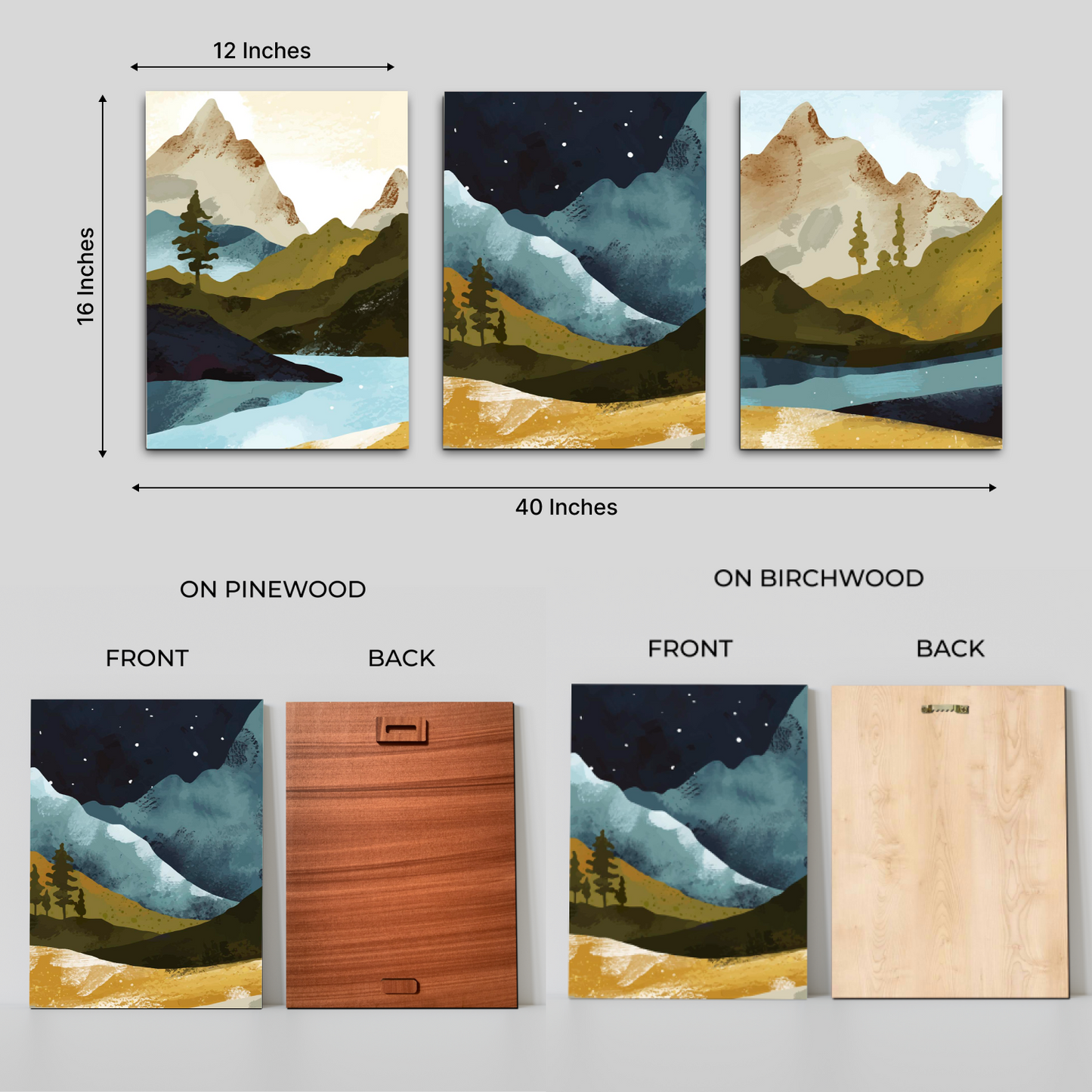 Mountain Night Wood Print Wall Art Set of 3