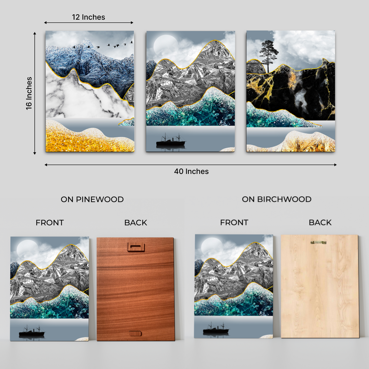 Golden Line Mountains Wood Print Wall Art Set of 3