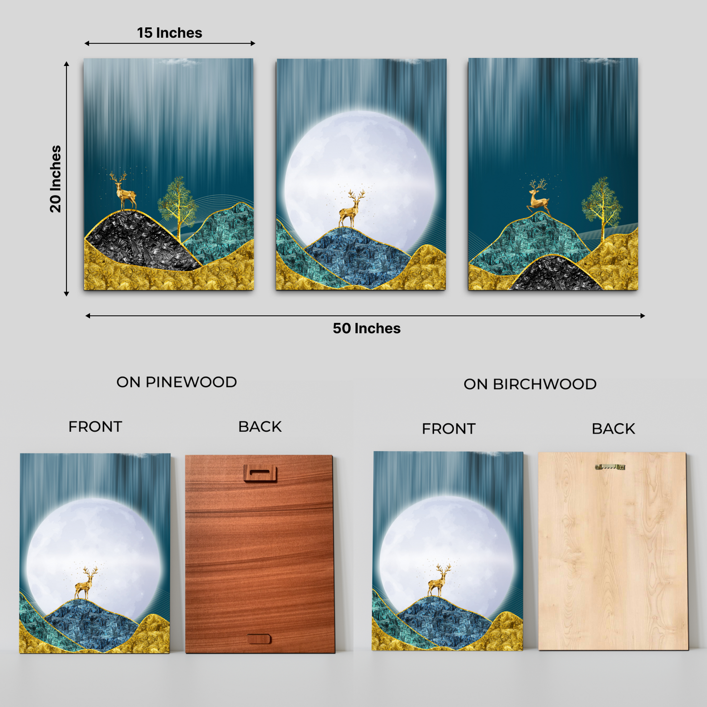 Good Luck Deer Golden Wood Print Wall Art Set of 3