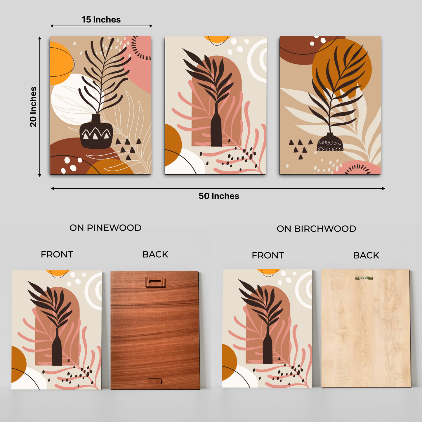 Leaf Botanical Boho Wood Print Wall Art Set of 3