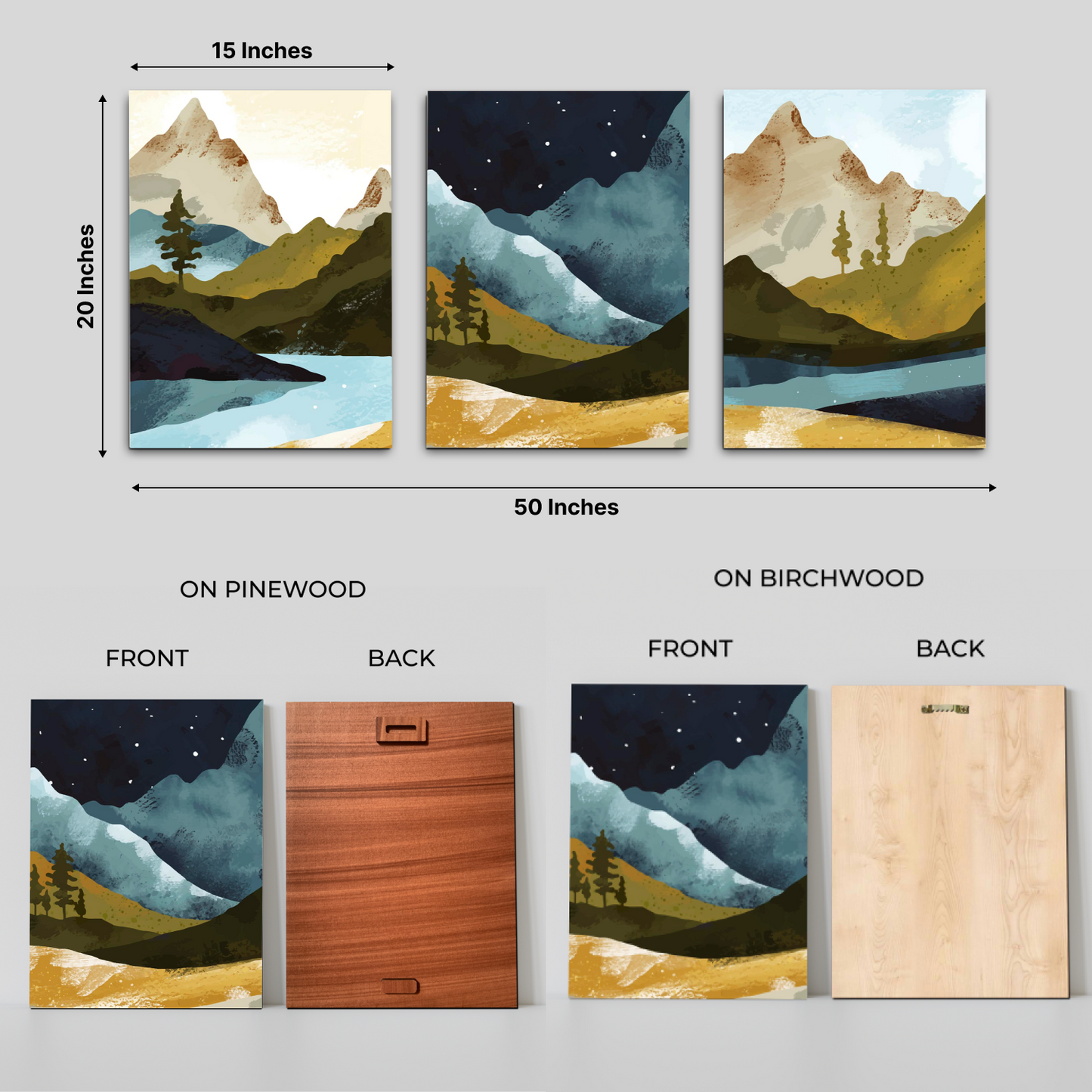 Mountain Night Wood Print Wall Art Set of 3