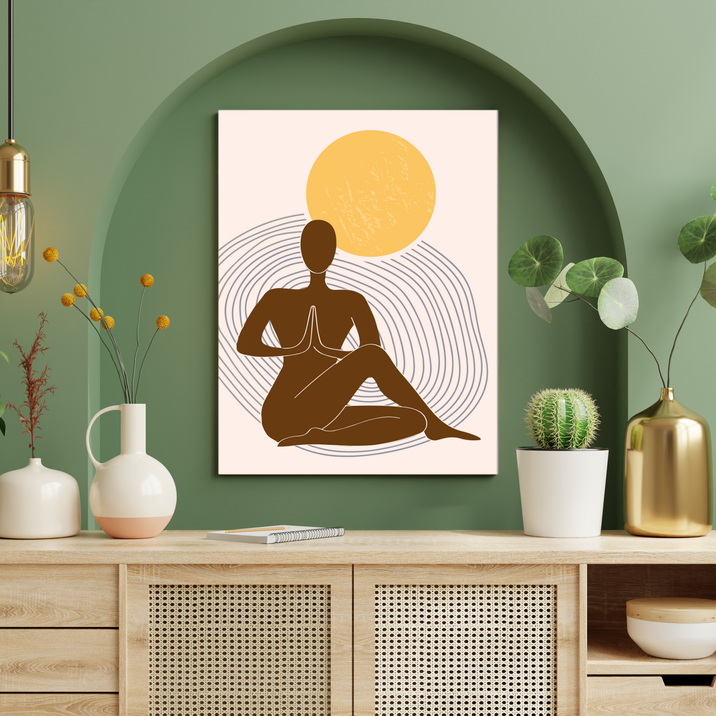 Yoga Theme Boho Beige Wood Print Wall Art