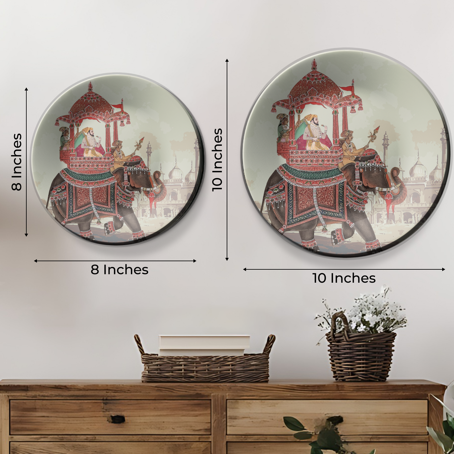 royal themed king sitting on elephant decorative plates to hang on wall