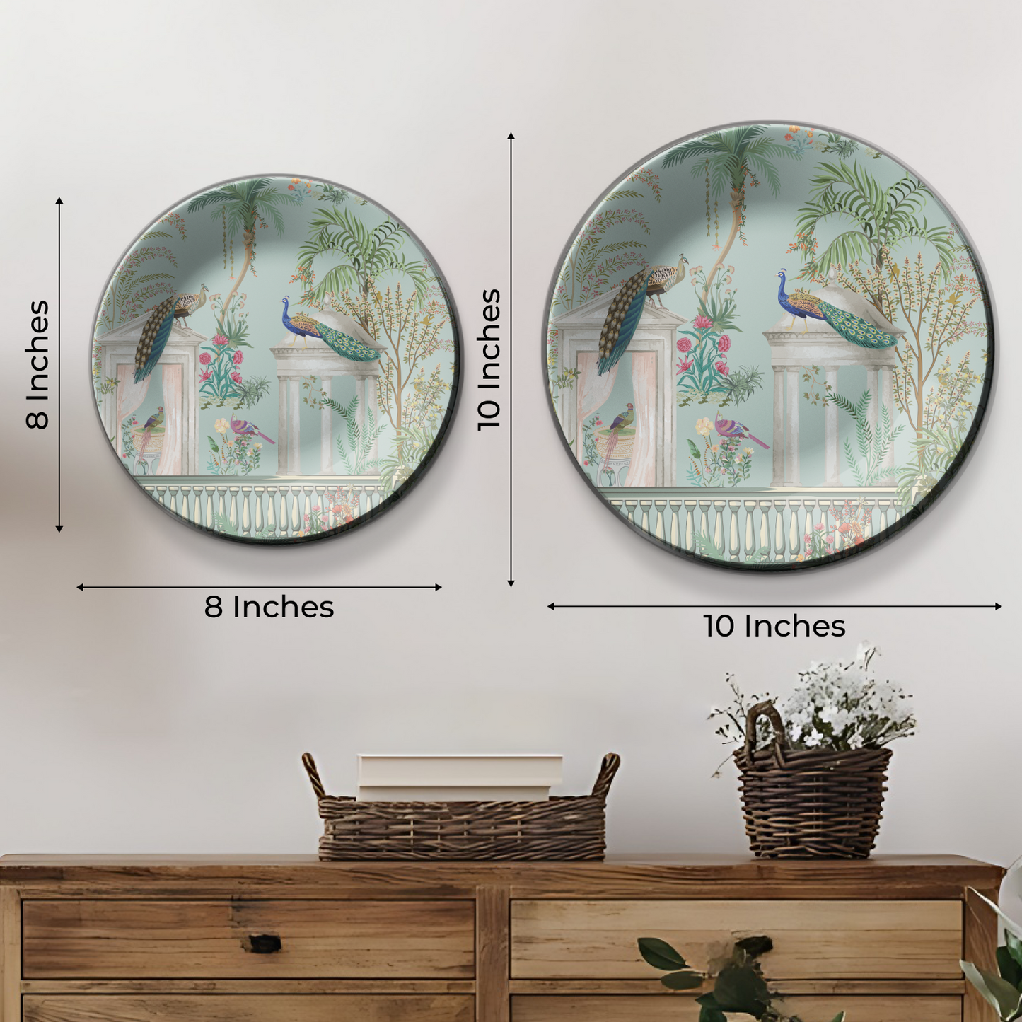 Unique ceramic hanging wall plate  capturing the beauty of peacocks