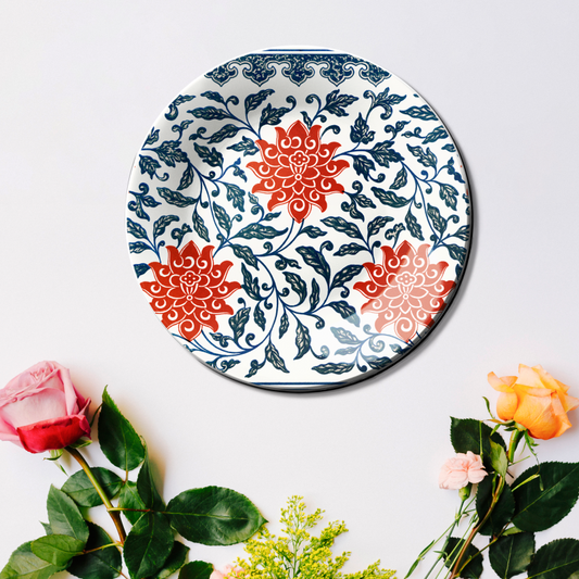 Blue and Red Floral Ceramic Wall Plate For Home Décor