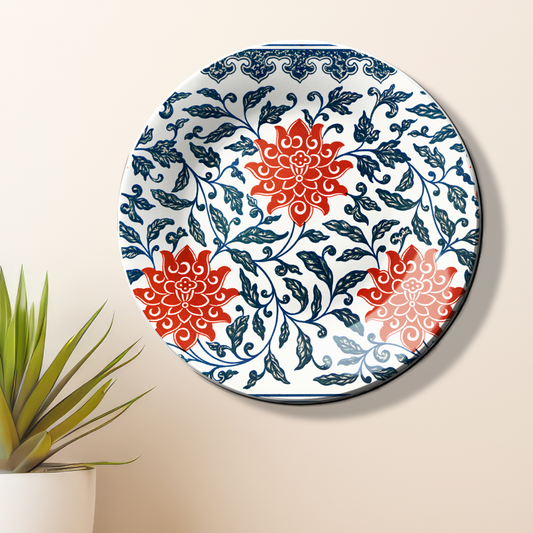 Blue and Red Floral Ceramic Wall Plate For Home Décor