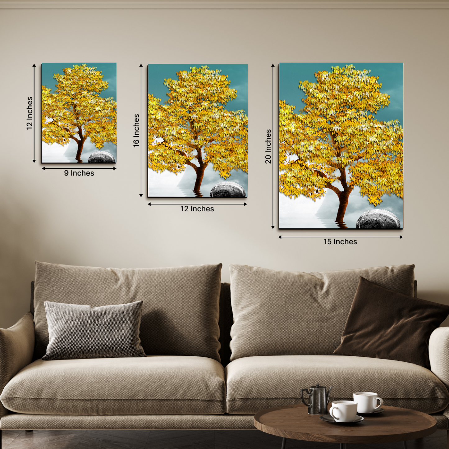 Good Luck Golden Tree Wood Print Wall Art Set of 3