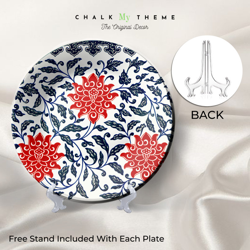 Blue and Red Floral Ceramic Wall Plate For Home Décor