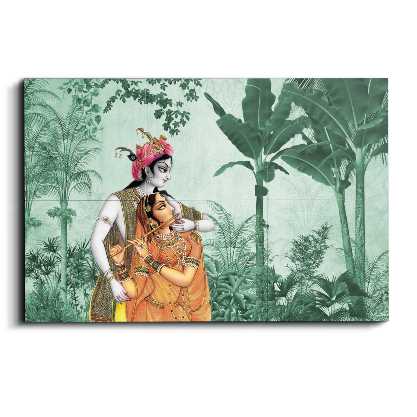 Radha Krishna Pichwai Wood Print Wooden Wall Tiles Set