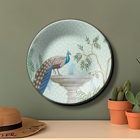 Peacock sitting on fountain ceramic wall plate for business