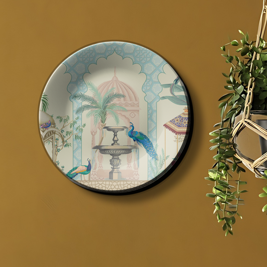 Regal wall plate featuring a pair of peacocks for home decor