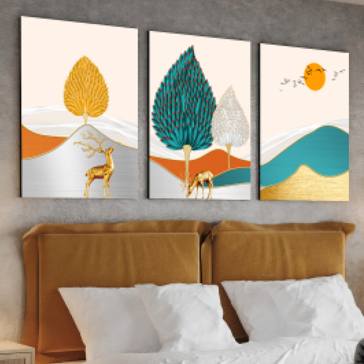 Golden Lucky Deer Landscape Wood Print Wall Art Set of 3