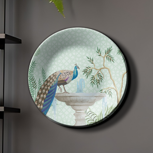 Peacock Sitting on Fountain Ceramic Wall Plate Home Décor