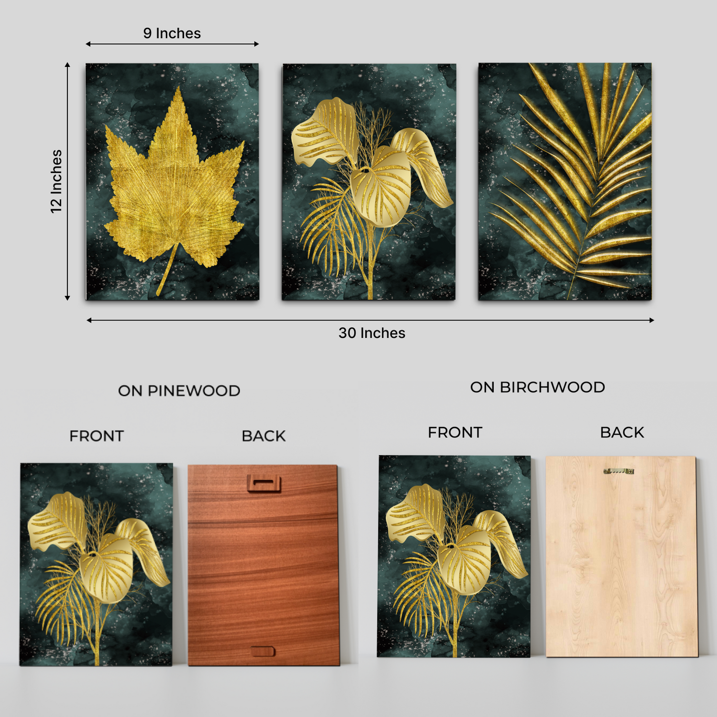 Assorted Gold Leaf Wood Print Wall Art Set of 3