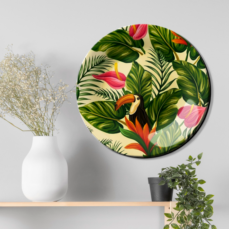 Exotic Tropical Leaves and Bird Wall Plate Home Décor