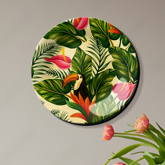 Vibrant Tropical Leaves and Bird Wall Plate for Tropical Ambiance
