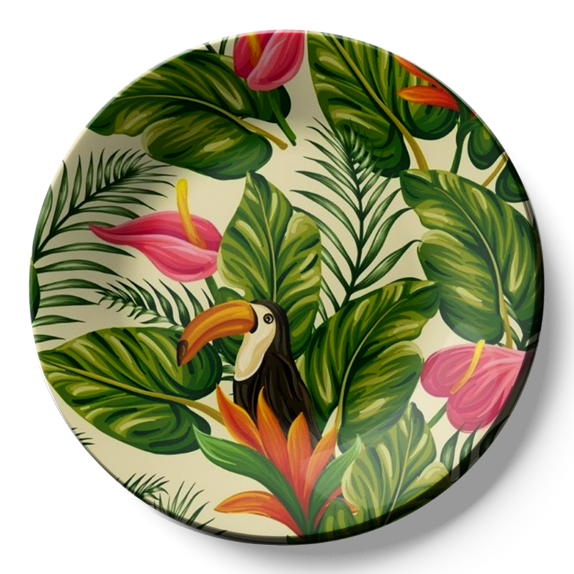 unique  Tropical Leaves and Bird Wall Plate Décor Reflecting Nature's Beauty