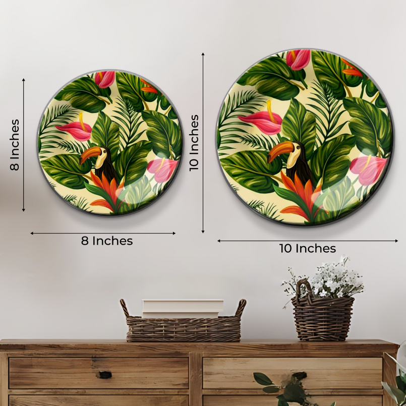 Artistic Tropical Leaves and Bird Wall Plate for Stylish Interiors
