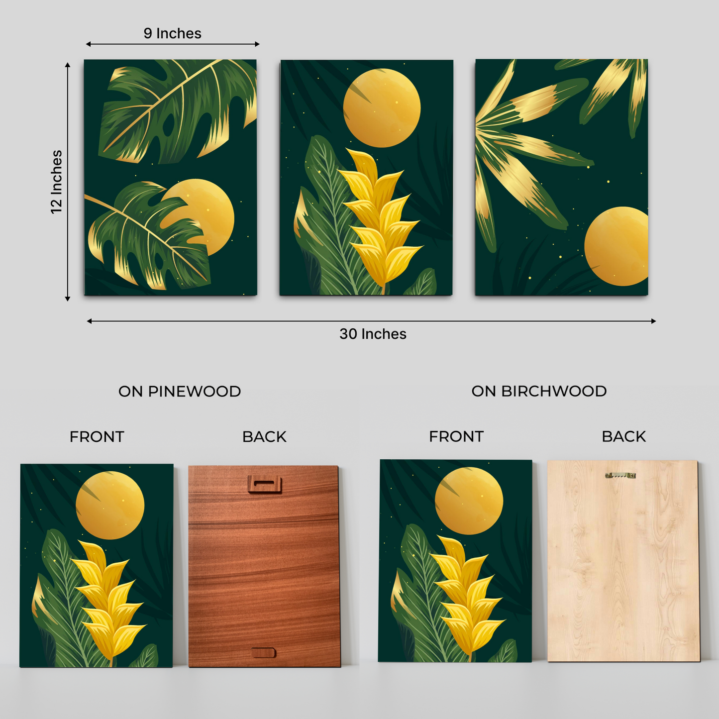 Yellow Flower Wood Print Wall Art Set of 3