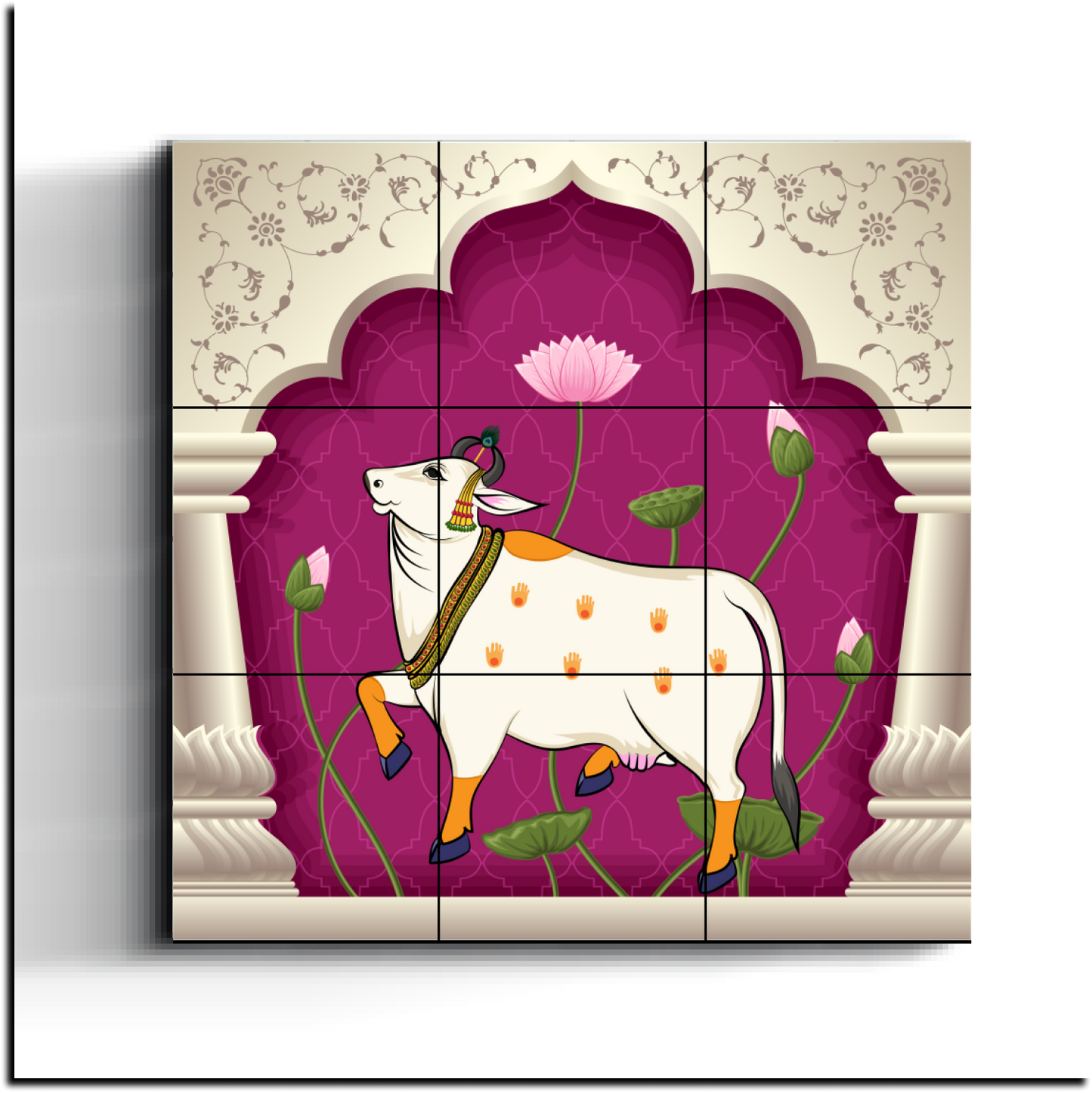 Pichwai Sacred Cow Wood Print Wooden Wall Tiles Set