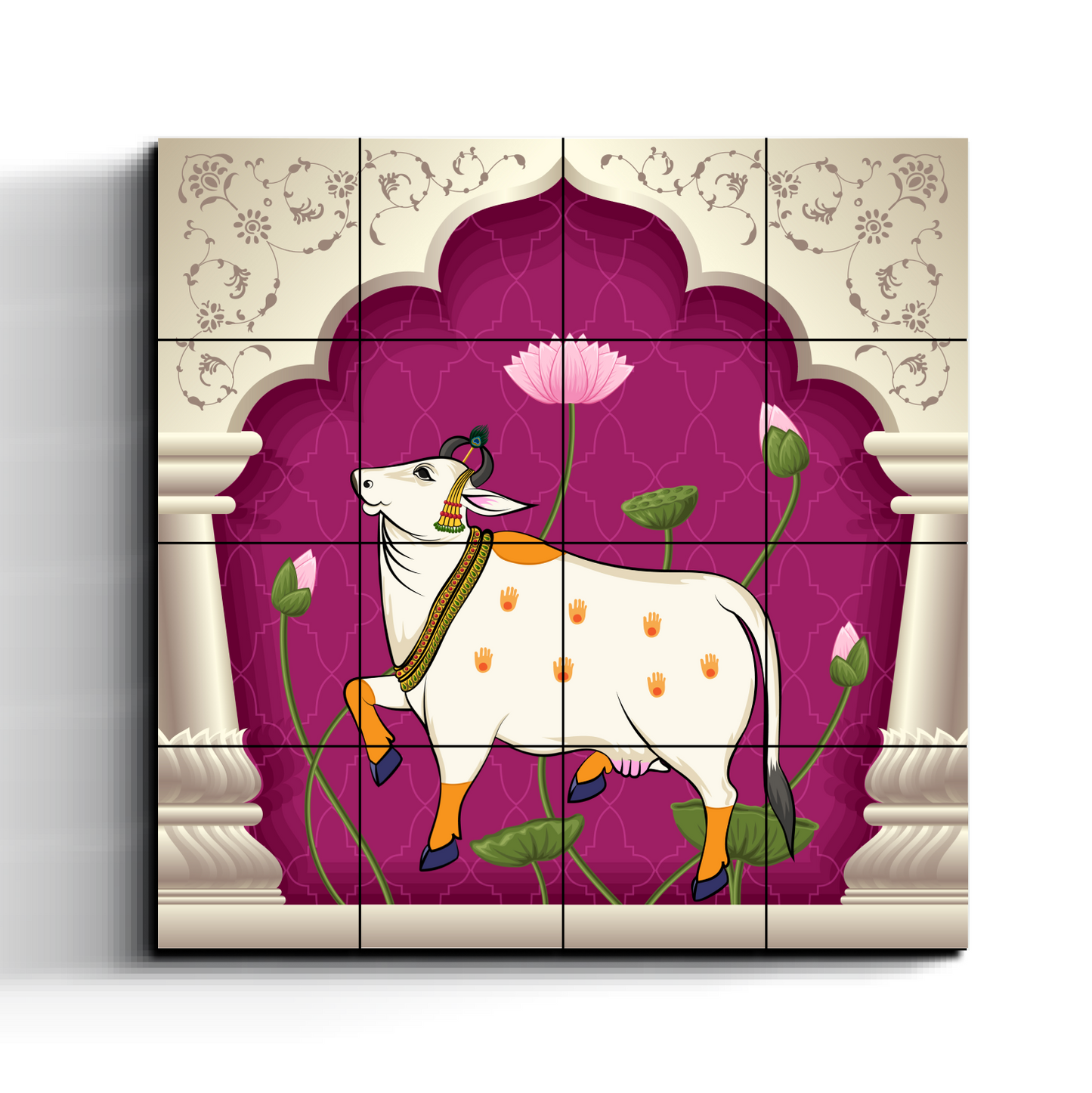 Pichwai Sacred Cow Wood Print Wooden Wall Tiles Set