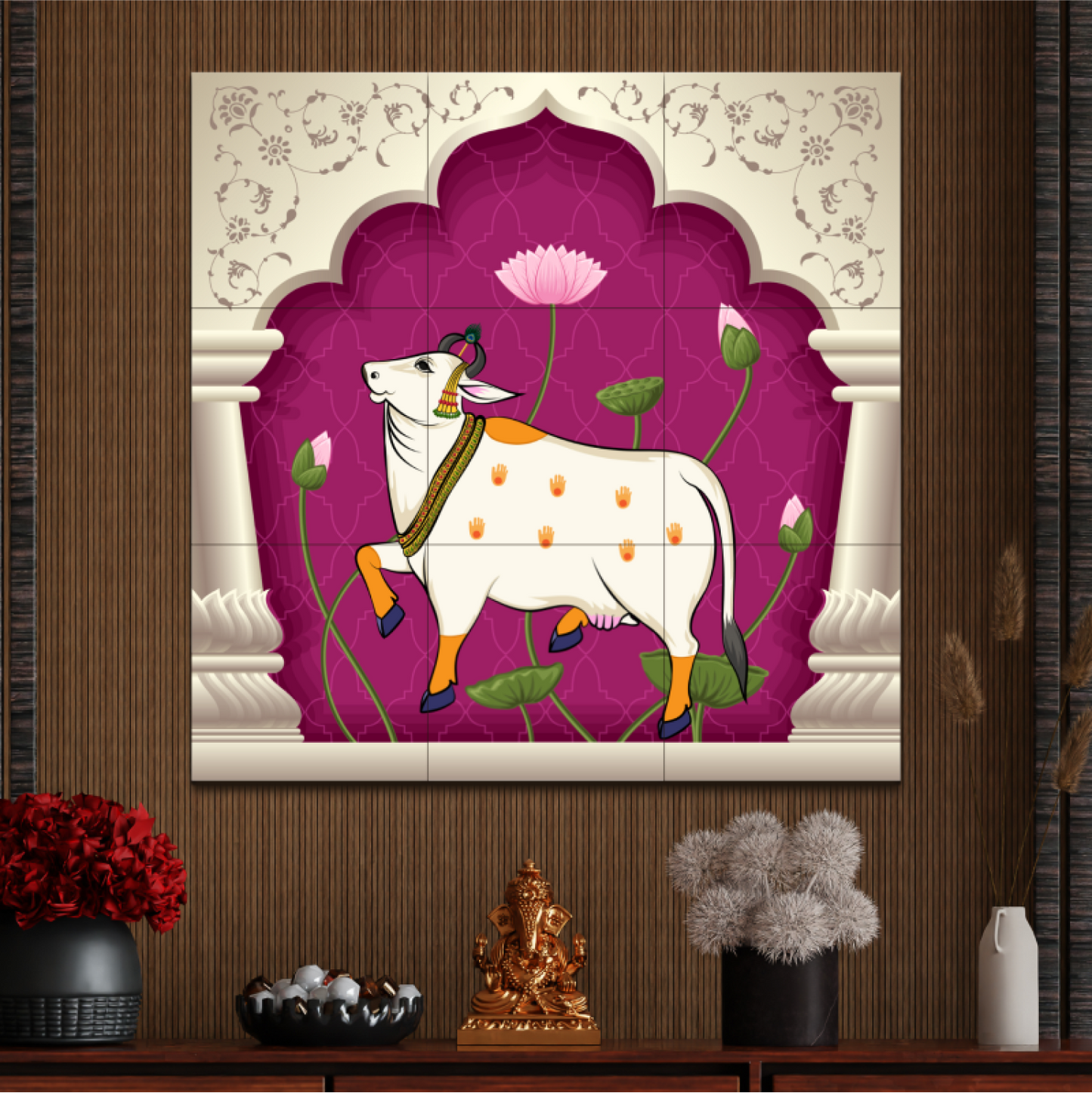 Pichwai Sacred Cow Wood Print Wooden Wall Tiles Set