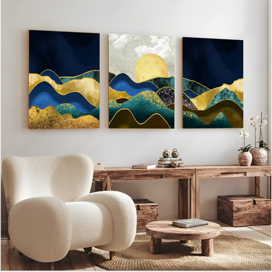 Blue & Gold Landscape Wood Print Wall Art Set of 3