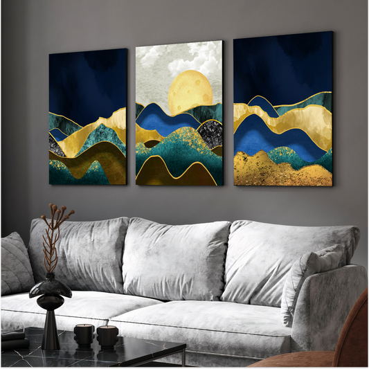 Blue & Gold Landscape Wood Print Wall Art Set of 3