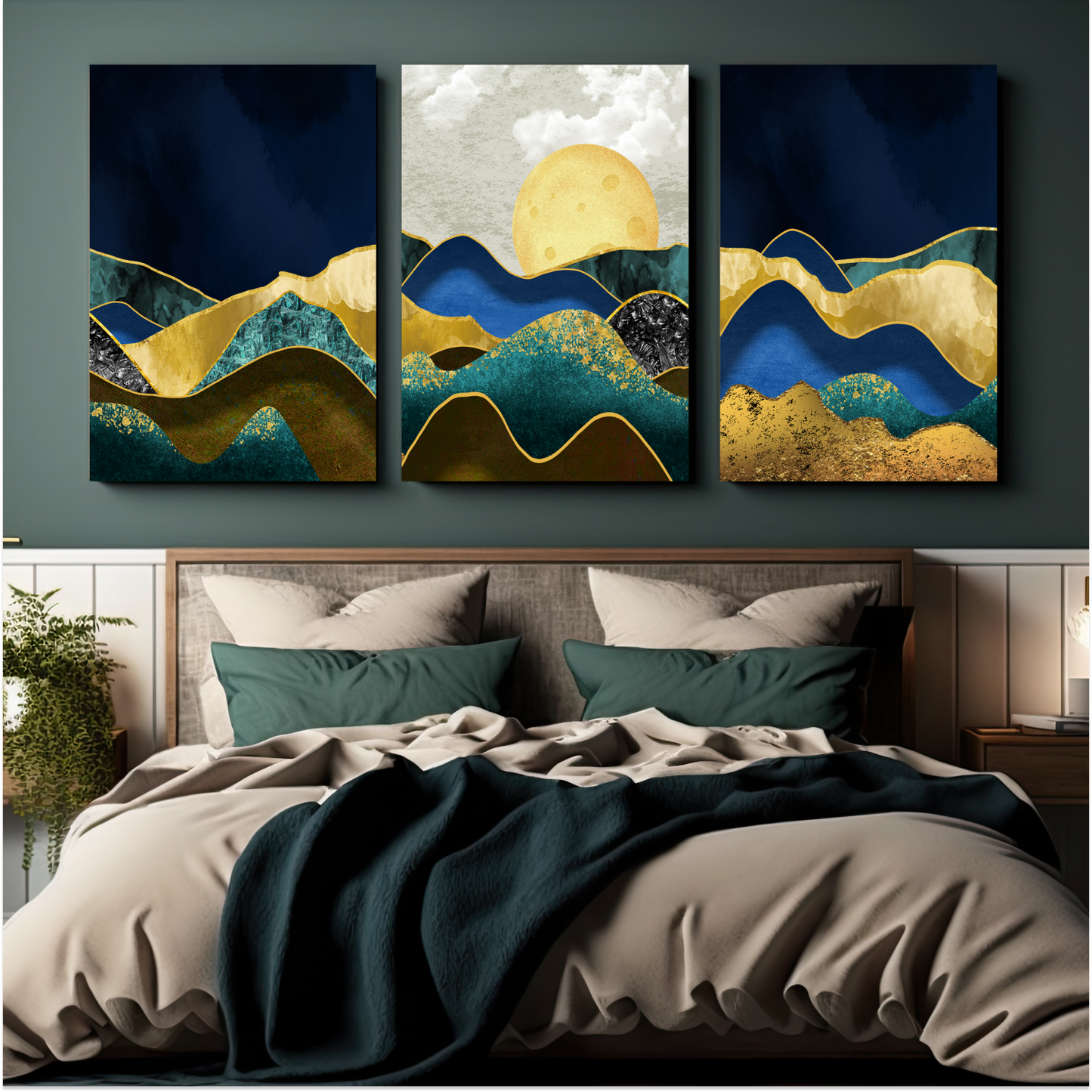 Blue & Gold Landscape Wood Print Wall Art Set of 3