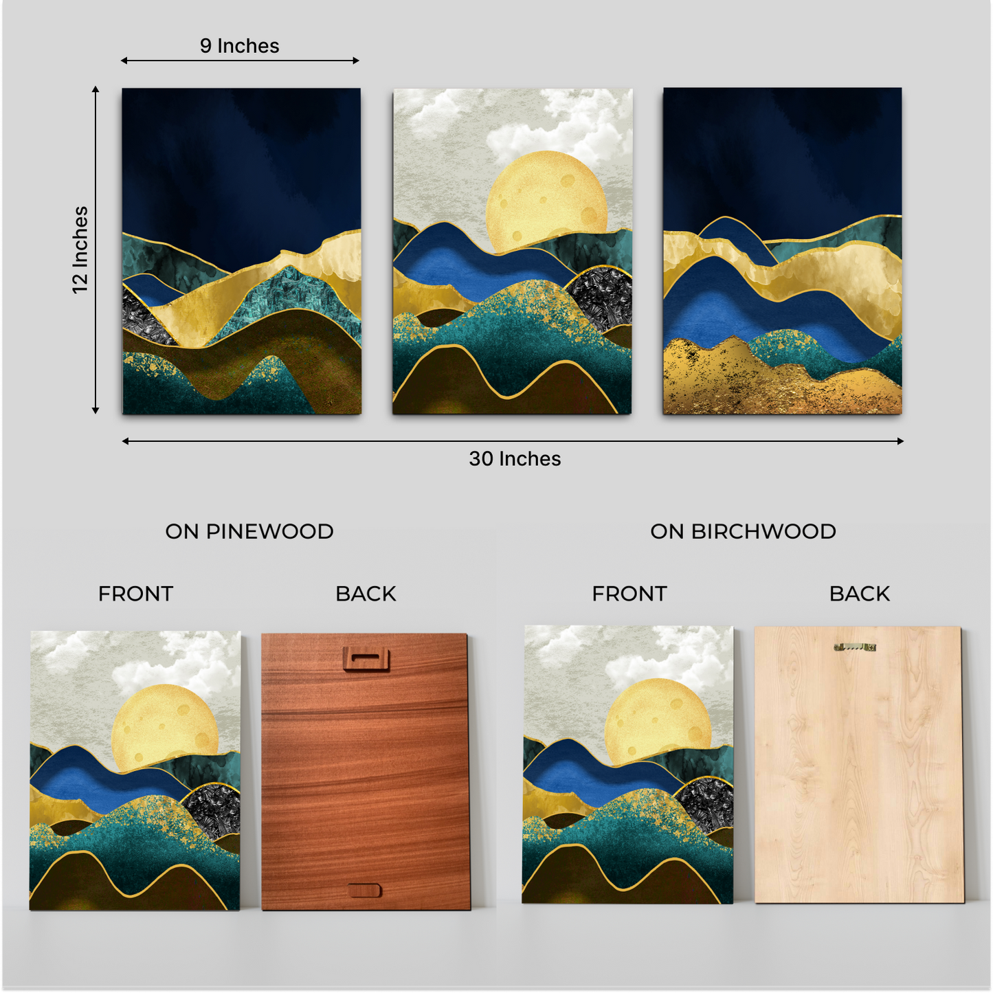 Blue & Gold Landscape Wood Print Wall Art Set of 3