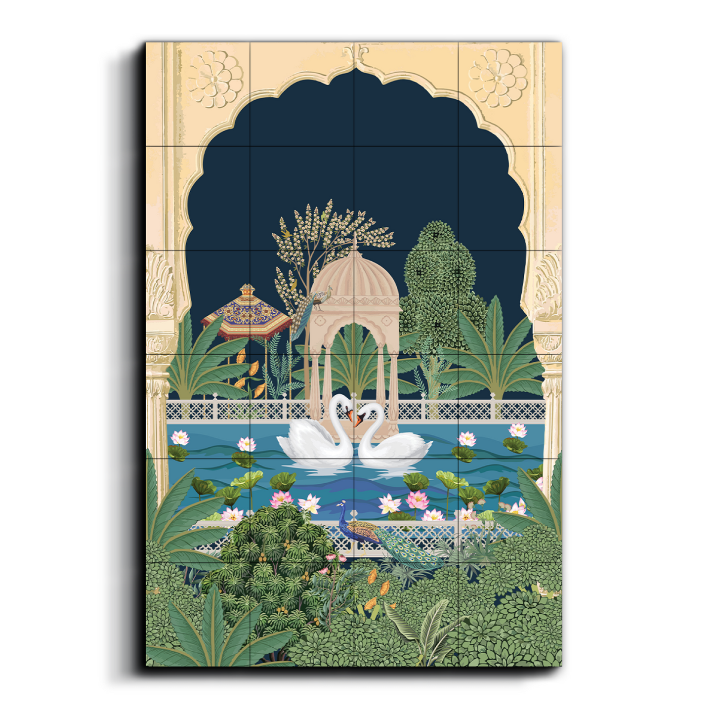 Swan Couple in Lake Traditional Wood Print Wooden Wall Tiles Set