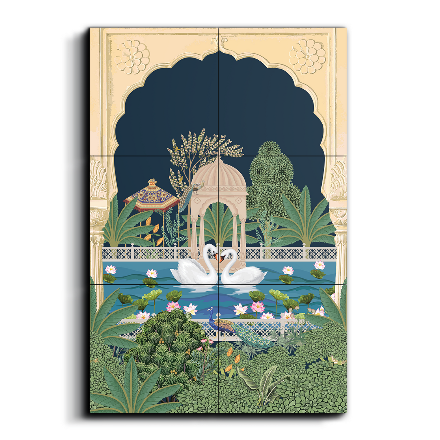 Swan Couple in Lake Traditional Wood Print Wooden Wall Tiles Set