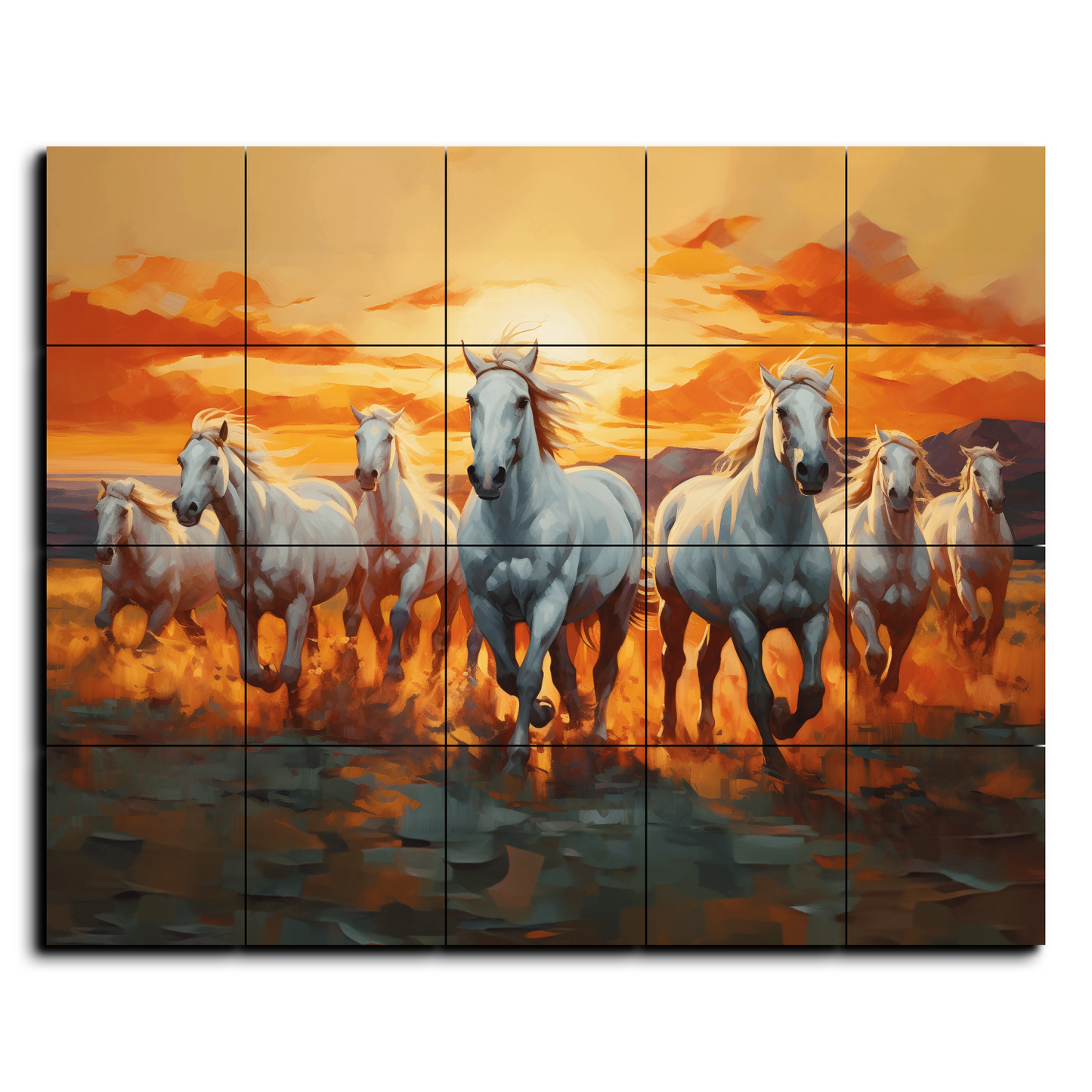 7 Horses Painting With Sunrise Wood Print Wooden Wall Tiles Set-Luxury Wall Art