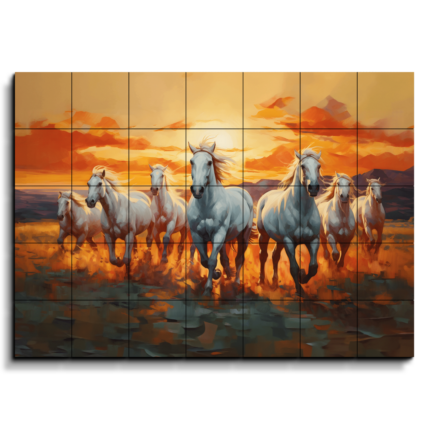 7 Horses Painting With Sunrise Wood Print Wooden Wall Tiles Set-Luxury Wall Art