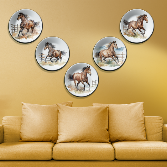 Set of 5 Running Horses Art Wall Plates Décor for Dynamic Home Accents