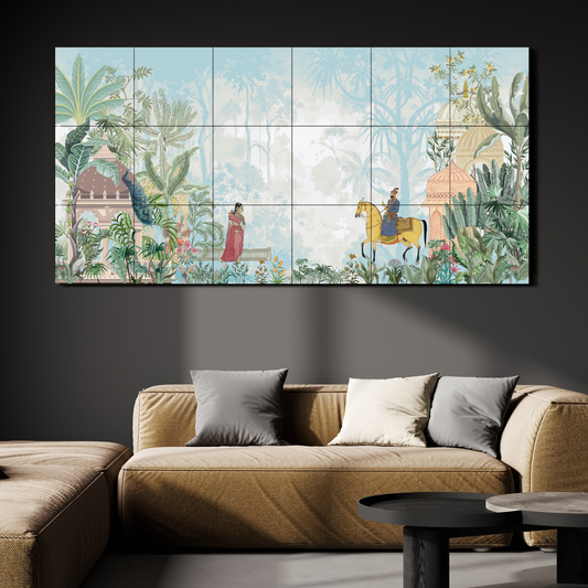 Emperor Riding Horse, Standing Woman In A Garden Wood Print Wooden Luxury Wall Tiles Set