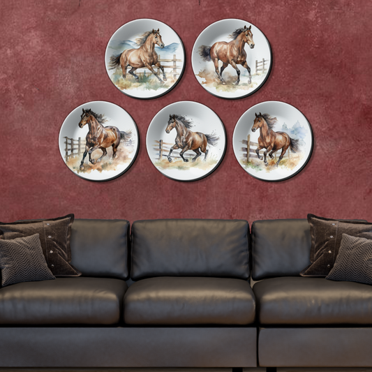 set of 5 Artisanal Running Horses Art Wall Plates Décor Collection