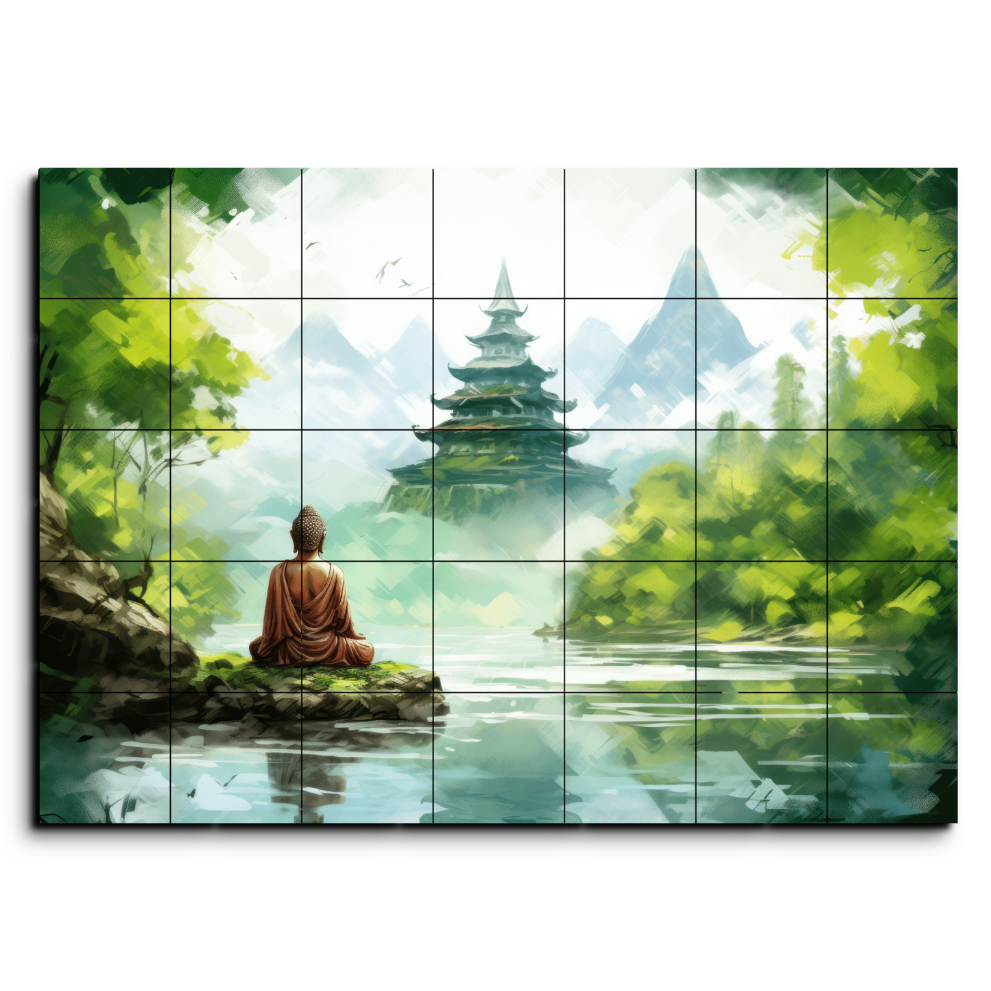 Buddha Meditating in Peaceful Place Wood Print Wooden Wall Tiles Set-Luxury Wall Art