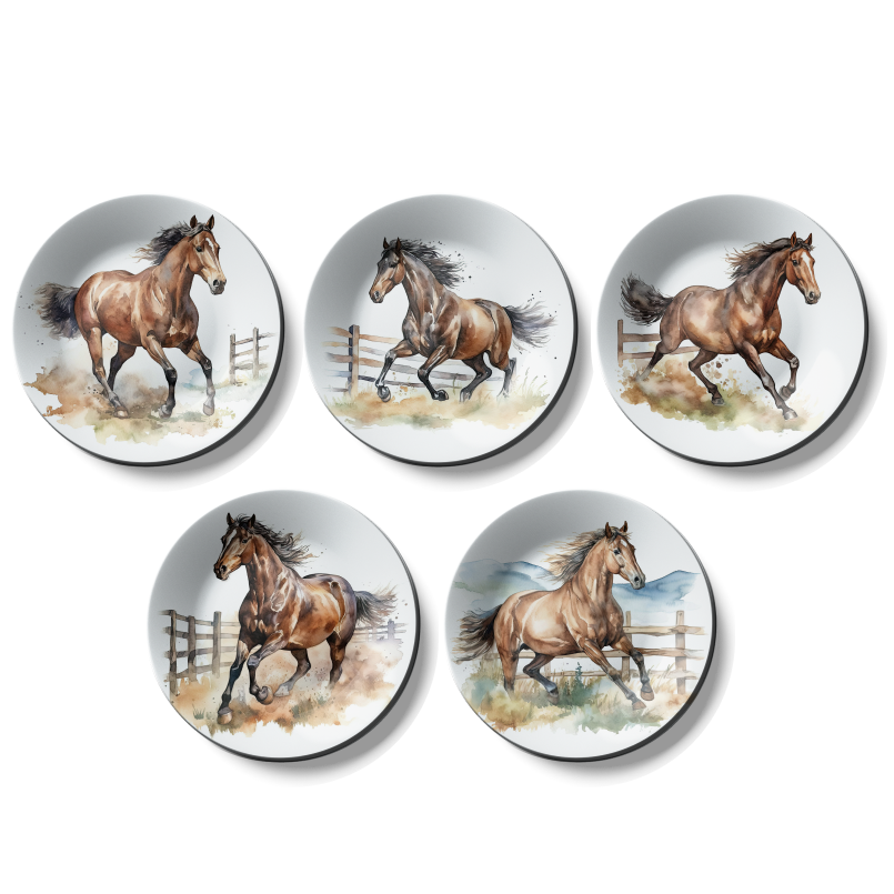 Set of 5 Running Horses Art hanging plates on wall