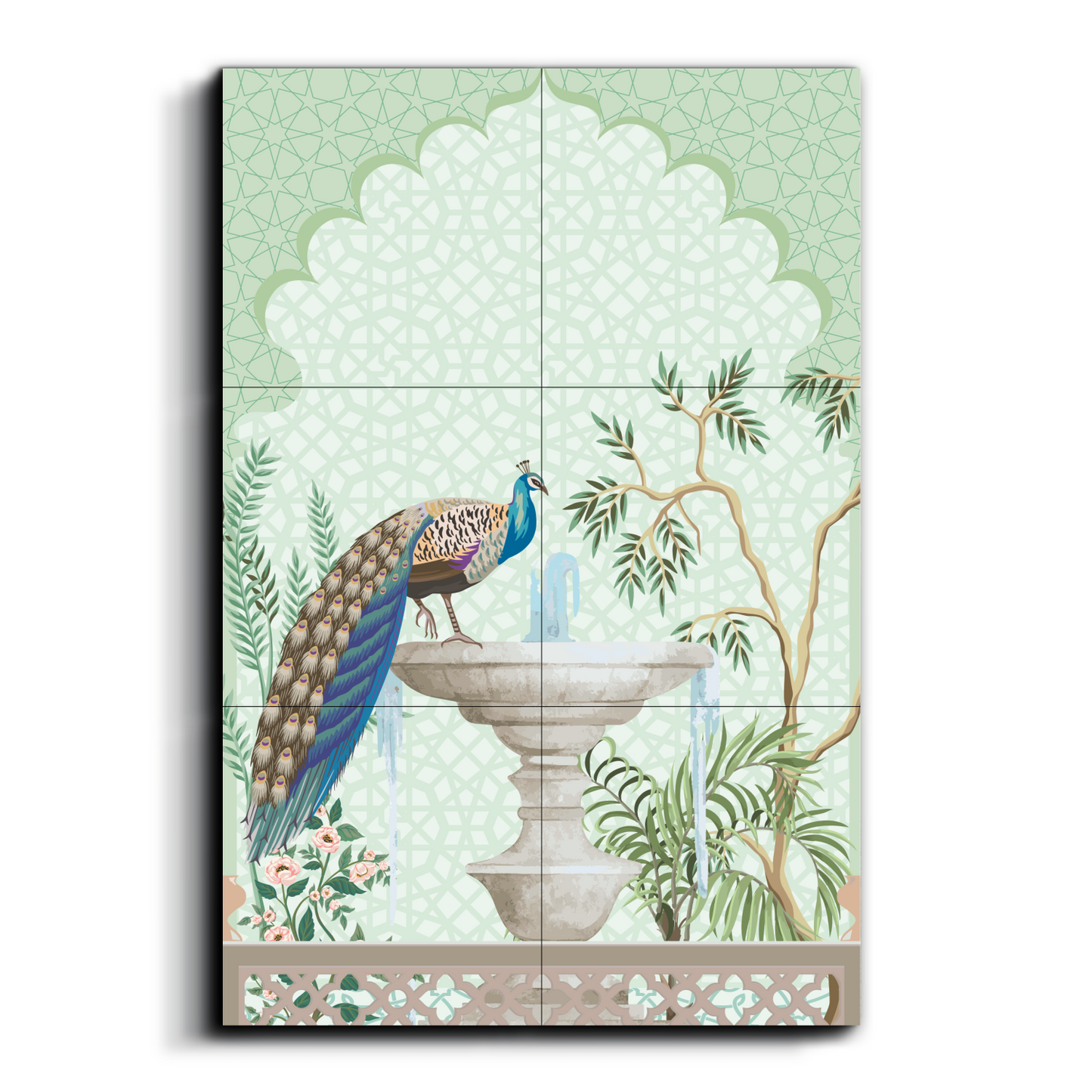 Peacock Sitting on Fountain Traditional Wood Print Wooden Wall Tiles Set