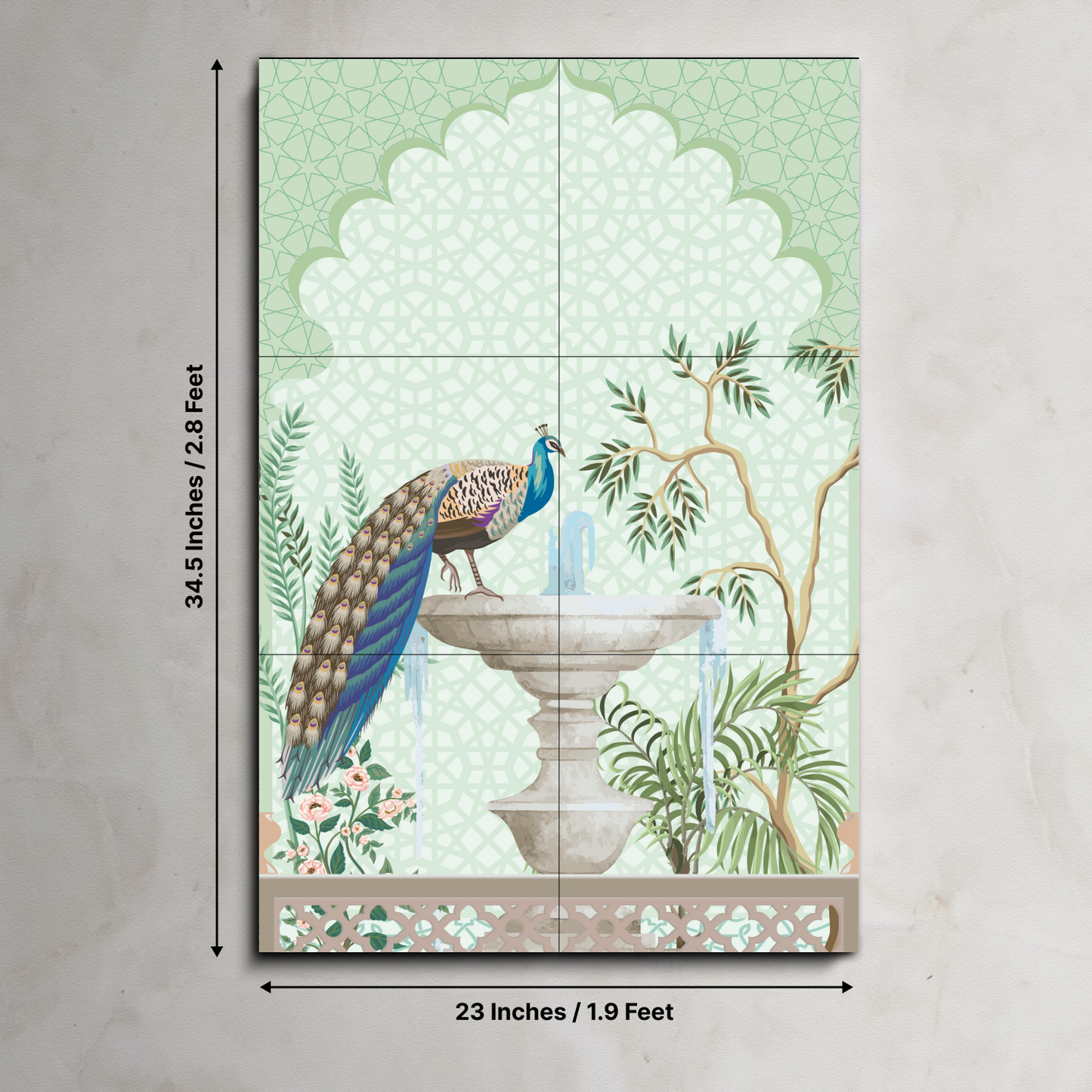 Peacock Sitting on Fountain Traditional Wood Print Wooden Wall Tiles Set