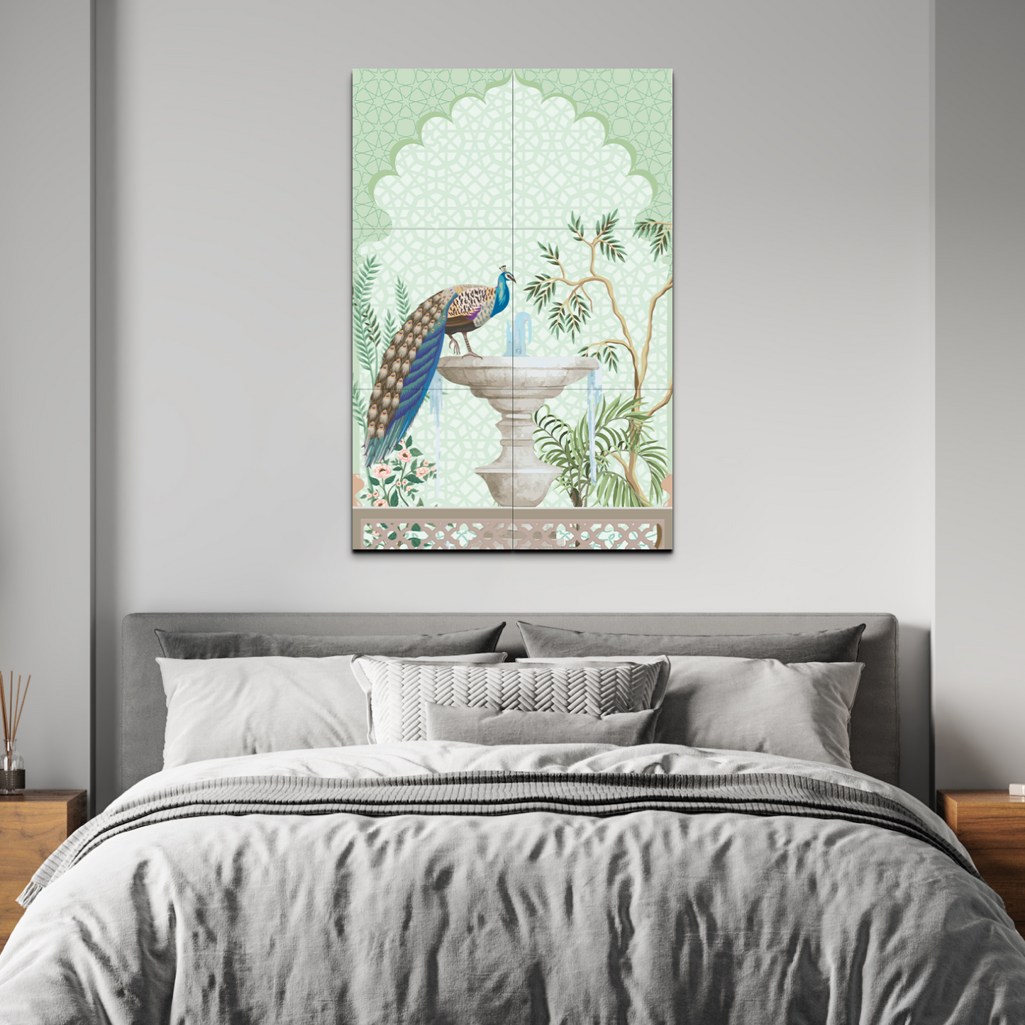 Peacock Sitting on Fountain Traditional Wood Print Wooden Wall Tiles Set