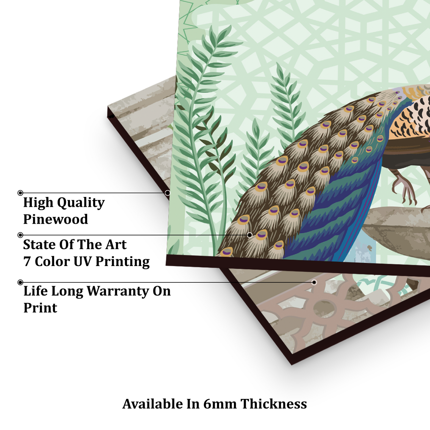 Peacock Sitting on Fountain Traditional Wood Print Wooden Wall Tiles Set