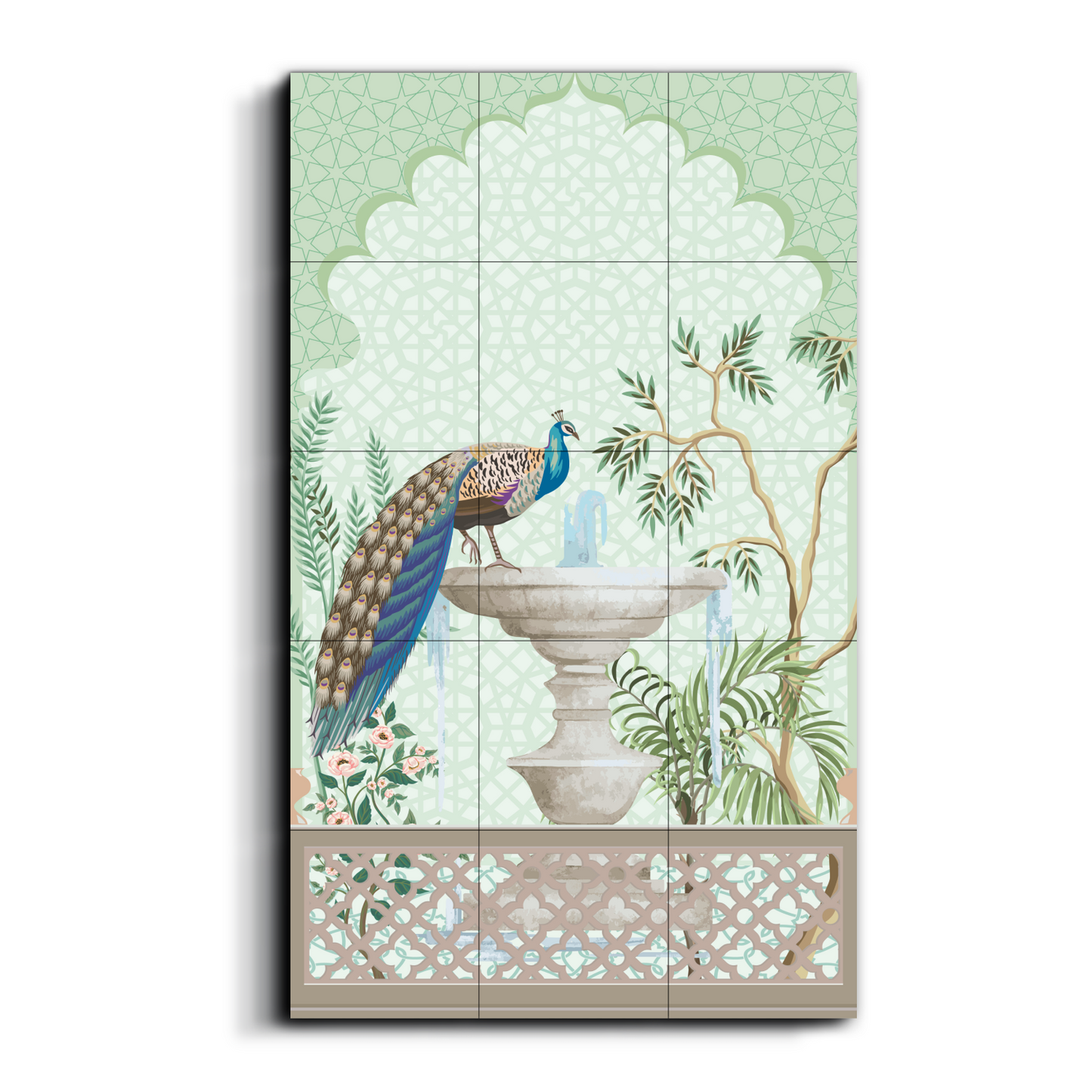 Peacock Sitting on Fountain Traditional Wood Print Wooden Wall Tiles Set